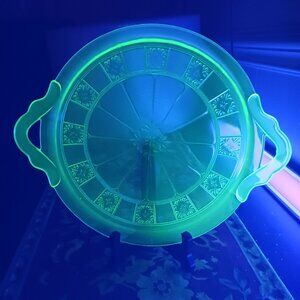 Jeannette Doric Uranium Green Depression Glass 12.5" Handled Serving Tray Vintag